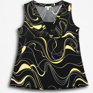 Size Large Y2K JKLA California Yellow Black Swirl Design V-Neck w/ Faux Cami Top